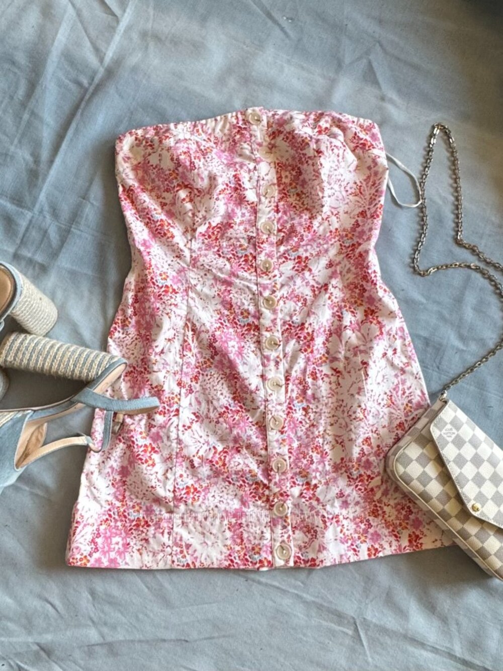 Free People NWT Floral Strapless Dress Small Corset Pink Button Front Summer